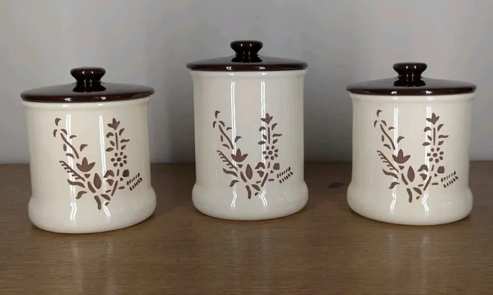Vintage Holiday Designs USA Canister Set Of 3 Ceramic Brown White Floral Cut Out